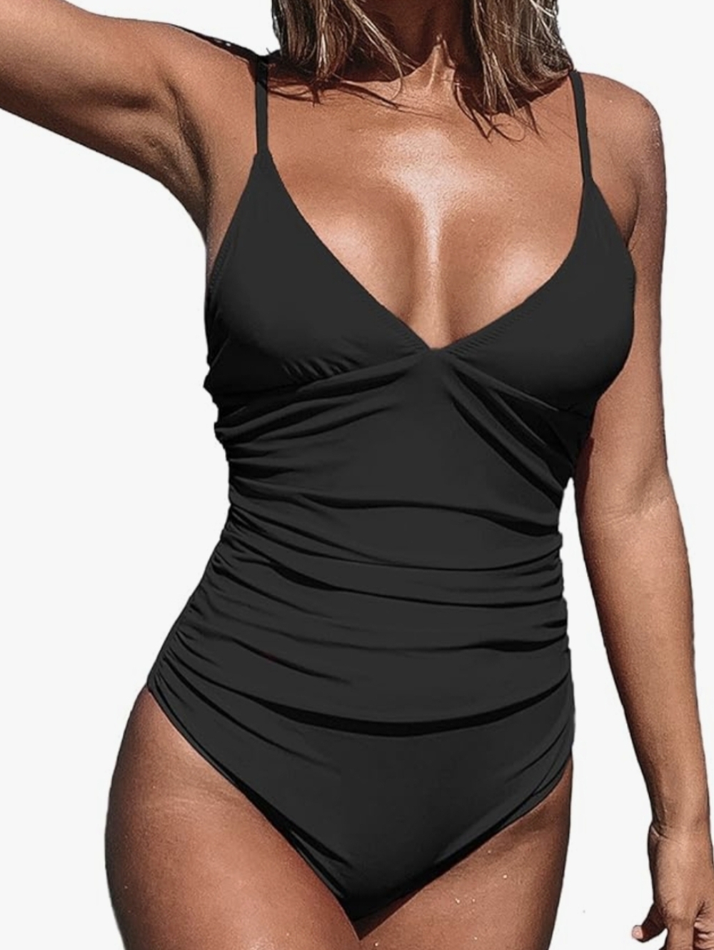 Cupshe Black Ruched V-Neck One-Piece Swimsuit